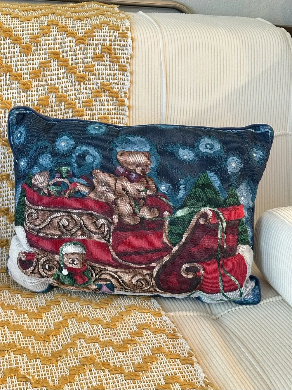 Vintage Style Christmas Tapestry Pillows Set of 2 Teddy Bear Sleigh